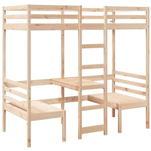 vidaXL Hochbett, Holzbett mit Schreibtisch Stühlen, Bettgestell mit Lattenrost Rausfallschutz, Bett für Kinder Jugendliche Erwachsene, 80x200cm Massivholz Kiefer
