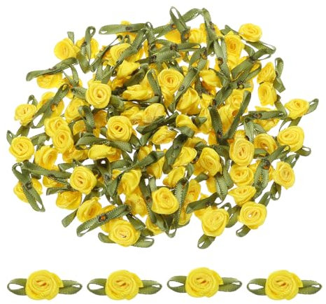 Sourcing Map 100pcs Yellow Polyester Ribbon Roses, 5/8 x1-3/16 Mini Roses for Crafts, Occasion: Various, Style: Floral, Solid, Simple