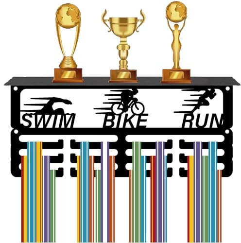 CREATCABIN Triathlon Medaillenaufhänger Trophäenregal Medaillenhalter Aufhänger Sportmedaillen Wandhalterung Trophäenhalter Schwarzem Metall Medaillen Organizer Gestell Für Schwimm Rad 29x13x10cm