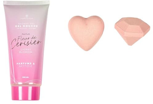 COSMETIC CLUB, SC40045, Coffret Bain Fleur de Cerisier Gel Douche et 2 Boules de Bain, Parfum Envoûtant, Cadeau Idéal pour Conjointe, Amie ou Famille, Voyage Sensoriel et Relaxant