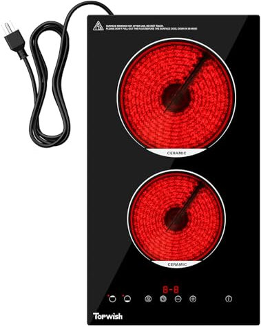 TOPWISH 2 Burners Electric Cooktop, 12 Inch Built-in Ceramic Cooktop, 120v Plug in Electric Stove Top with Child Lock, Timer, Over-Temperature Protection, Sensor Touch Control