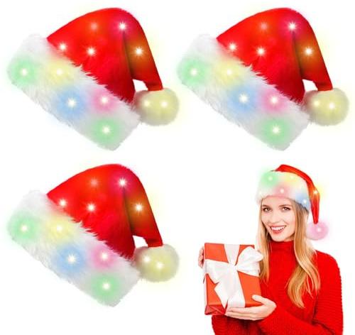 BORDEAG 3 Stück LED Weihnachtsmütze, Leuchtende Nikolausmütze Unisex, Nikolausmütze mit Leuchtendem Warme Verdickte Rote Mützen für Weihnachten Neujahr, Weihnachtskostüm-Requisiten, Neujahrsgeschenk