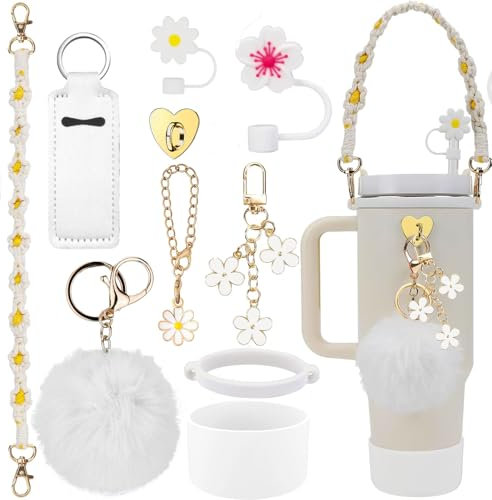 Stanley Cup Accessories Set, 10PCS Decor Includes Straw Cover, Water Bottle Handle Strap, Silicone Boot, Charms for 40oz & 30oz Tumbler, White
