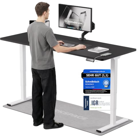 DESKSPACE PRO Plus Elektrisch höhenverstellbarer Schreibtisch (200x80 cm) | Bürotisch mit Kollisionsschutz, Memory-Funktion, USB-Anschluss, 10 Jahre Garantie (Gestell weiß, Tischplatte schwarz)