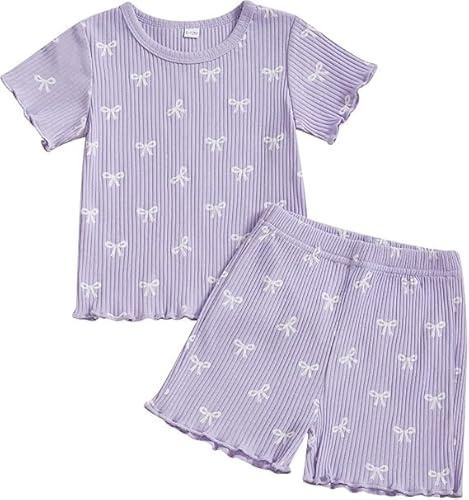 Fnaobai Bambino Vestiti Estivi Bambina Volant A Coste Maglia Maniche Corte Carino Fiocco T Shirt Top e Pantaloncini Outfit