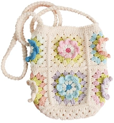 JTKSSCS Borsa Uncinetto Borsa a Tracolla da Donna con Fiori all'Uncinetto, Quadrata della Nonna, Borsetta Fatta a Mano(Pink)