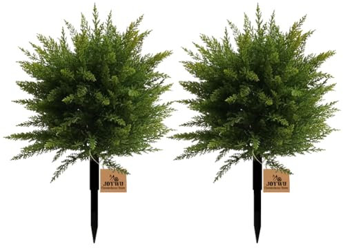 JOYWU Artificial Cedar Topiary Ball Trees for Outdoors Set of 2, 60 cm UV Resistant Faux Cypress Plants with Ground Spike, Large Fake Evergreen Shrubs Bushes for Porch Front Garden Home Decor (2 Pcs)