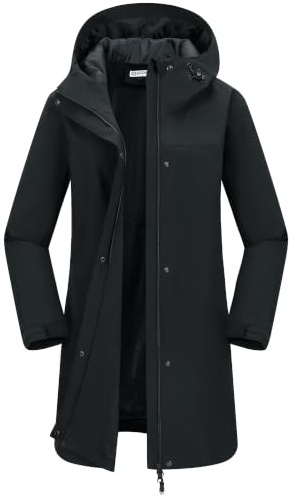 33,000ft Damen Regenjacke Windbreaker Lange Wasserdichte Softshelljacke mit Kapuze Leicht Übergangsjacke Wanderjacke Atmungsaktive Regenmantel für Frühling Sommer und Herbst Schwarz S