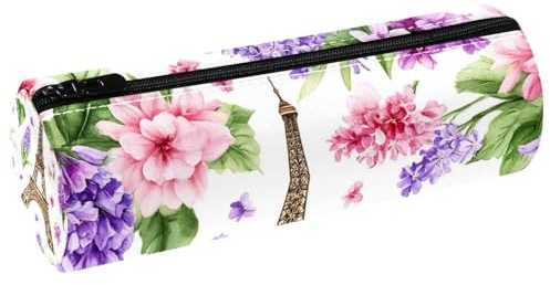 VAPOKF Eiffelturm Lavendel Flieder Lederfass Stifteetui Münzbörse Kosmetiktasche Make-up Tasche für Schüler Schreibwaren Schule Büro Aufbewahrung