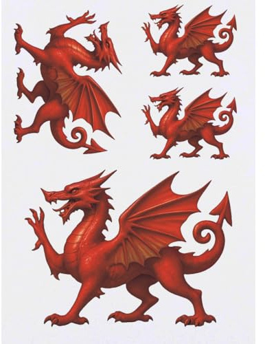 Azeeda 4 x 'Red Welsh Dragon' Temporary Tattoos - Water Resistant, Skin-Safe, Non-Toxic Transfers, Mixed Sizes (TO00088246)
