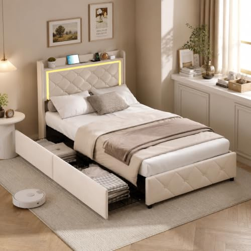 OLIVIBED Bett 90 x 200 cm mit Schubladen, Modern Einzelbett mit Stauraum-Kopfteil und Lattenrost, Polsterbett für Erwachsene, Flanell, Beige, Ohne Matratze