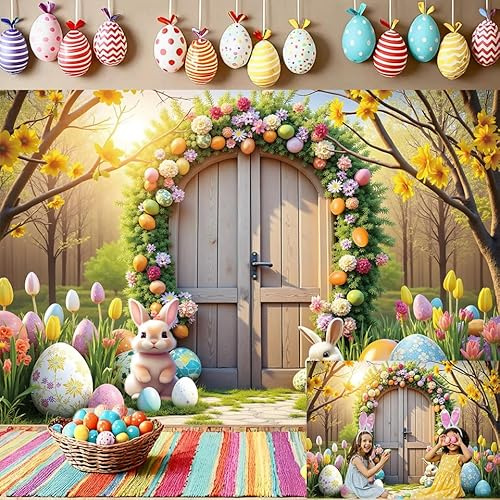 Easter Backdrop Spring Flower Colorful Eggs Rabbit Photography Background for Easter Party Decoration Banner Newborn Baby Portrait Booth Props (7x5FT（210x150cm）)