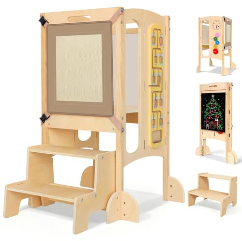 SOFTHOM Lernturm ab 1 Jahr, Montessori 5 in 1 Lernturm Klappbar, Multifunktional Learning Tower für Kinder aus Holz mit Tafel, 360° Kippschutz und Sicherheitsnetz, Bereits Montiert, 100% Naturholz