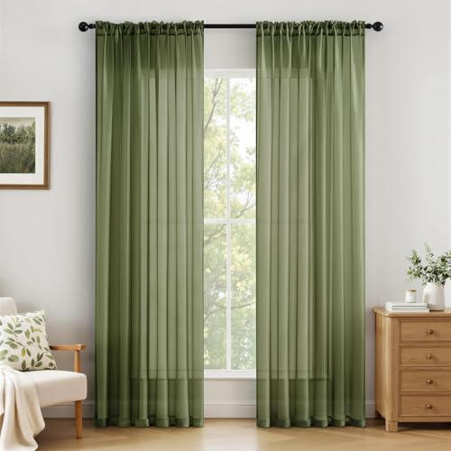 MIULEE Vorhänge Gardinen, Stangendurchzug Matcha-Grün, 2er Set 260x140cm | Transparente Gardine aus Voile, Luftig Leicht, Einfarbig Dekoschal für Wohnzimmer & Schlafzimmer