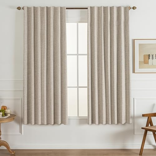 Gleantdeco 100% Verdunkelungsvorhänge 145 cm Länge Naturleinen 2-TLG. Landhausvorhänge Wohnzimmer Dunkelheitsthermik Strukturierter Flachsleinen-Stoff Inkl. Haken & Ringen