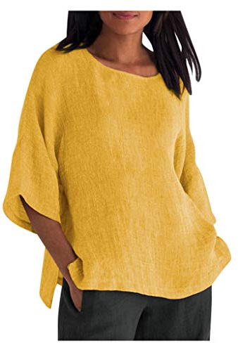 Linen Tops Women UK Oversized, Ladies Cotton Linen T Shirts Crewneck Plain 3/4 Sleeve Tshirts Casual Loose Gym Three Quarter Sleeve Blouses Solid Color Summer Tee Shirt Plus Size S-5XL