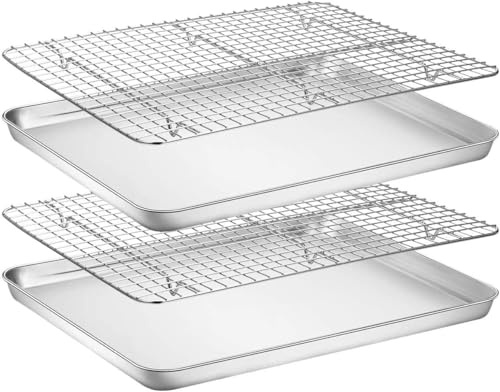 YEENAIV Baking Sheet with Wire Rack Set Stainless Steel Baking Trays, Stainless Steel Cookie Pan Baking Tray with Cooling Rack for Roasting/Cooking/Drying (2 Sheets+2 Racks)