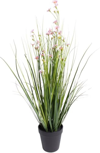 Botanic-Haus künstliches Grasarrangement (Kunstgras/künstliches Gras) im schwarzen Kunststofftopf mit rosa Blüten, Farbe grün, Höhe ca. 68 cm
