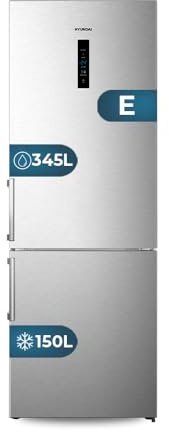 HYUNDAI Frigorífico Combinado Inox 2 Puertas. HC2700ENFIX, Capacidad 495 Litros, No Frost, Multi Air Flow, 39 dB, Puerta Reversible, Apertura con Tirador, Clasificación Energética E