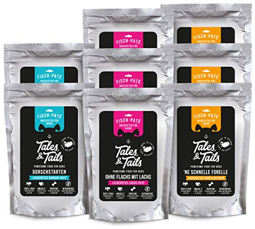 Tales & Tails Nassfutter für Hunde aus 100% isländischem Fisch | Perfekt für Allergiker Hunden | Getreidefreies Hundefutter | Probepaket mit 3 Sorten: Dorsch, Forelle, Lachs | 8x100g