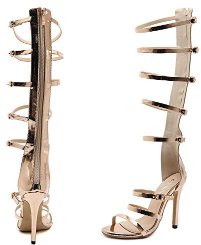 Sandali con Tacchi Alti da Donna, Sandali con Tacco A Spillo con Cinturino alla Caviglia con Fibbie Dorate Estive Stivali al Ginocchio Sandali Romani con Zip Scarpe Aperte,d'oro,EU38