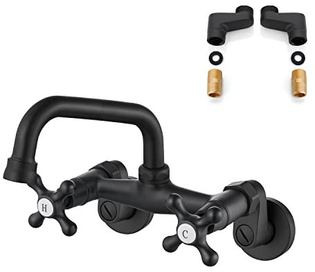 Airuida Grifo de fregadero de cocina negro mate de 15 cm con boquilla ajustable en el centro con asas dobles cruzadas de 3 a 9 pulgadas, grifo mezclador de agua caliente y fría, grifo giratorio de 360