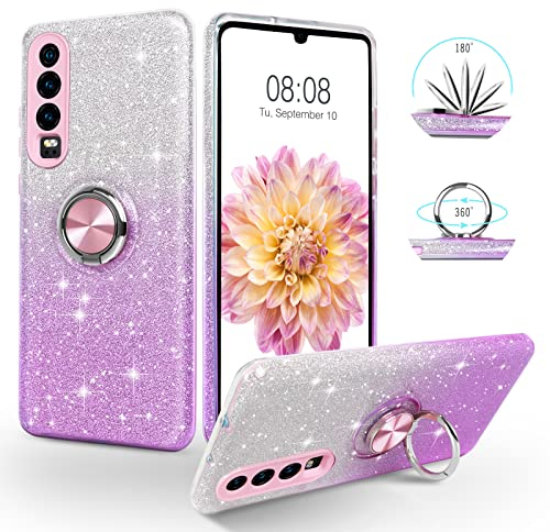 SouliGo Huawei P30 Hülle Glitzer, Handyhülle Silikon Case Cover Mit 360 Grad Ring Halter Ständer, Kratzfest Schutzhülle für P30, Bling Silber Lila