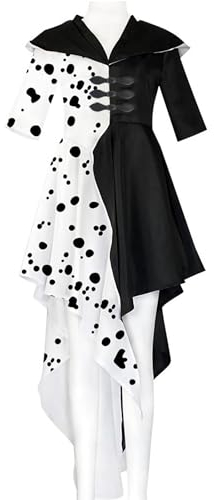 KUJAIS Deguisement Cruella d enfer Femme, Deguisement Femme Carnaval, Costume Cruella Deville 101 Dalmatiens Robe à Pois pour Halloween Mardi Gras Cosplay (XL)