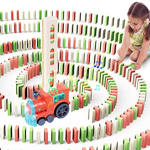 OSDUE Domino Zug Spielzeug, 100 Stück Domino Baustein Zug Set, Kinder Domino Spielzeug, Elektrischer Zug mit Licht und Ton, Pädagogisches Spielzeug Geschenk für Mädchen Jungen ab 3 Jahren (Rosa)
