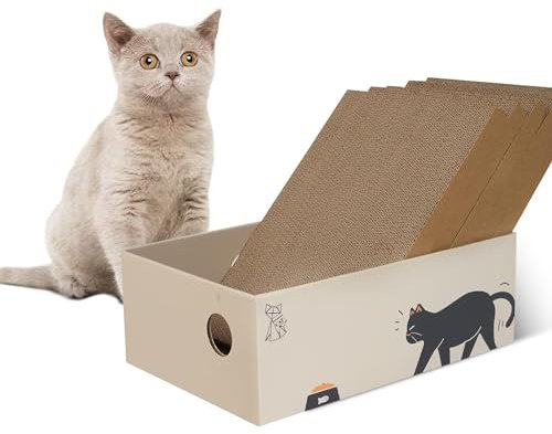 MUAEEOK 5 Pack Cat Scratcher, Scratching pad with Box, Natural Recycled Corrugated Heavy-Duty Double-Sided Cardboard, Reversible for 2X Use, Kitty Refill Indoor, Brown Suitable for Cats Up To 5kg