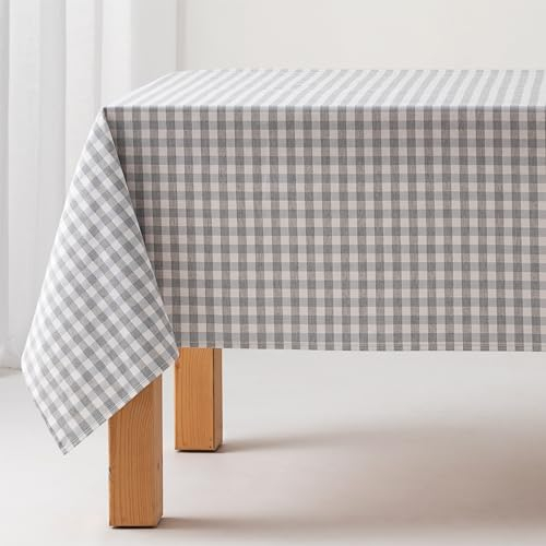 GAMUSI Tischdecke, schmutzabweisend, rechteckig, Vichy-Muster, Baumwolle, wasserdicht, 140 x 300 cm, Hellgrau