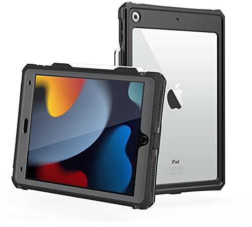 nincyee Coque étanche pour iPad 9e/8ème 10,2, protection d'écran intégrée, 4 en 1 contre l'eau, la saleté, la neige, les chocs - Coque transparente avec lanière