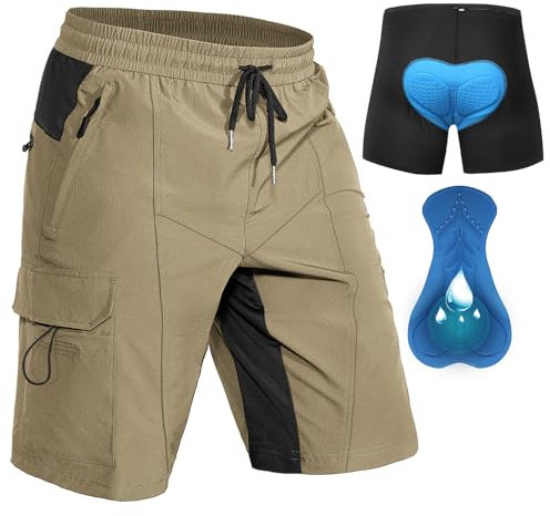 Hiauspor Herren MTB Hose Kurz Gepolstert Mountainbike Hose mit Polster Fahrradhose Herren Atmungsaktiv Radhose Outdoor Schnelltrocknend Radlerhose(Khaki,L)