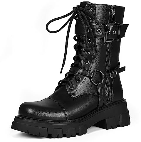 Voviggiw Women Platform Motorcycle Boots Lace Up Buckle Leather Combat Booties Side Zipper Black Size 42