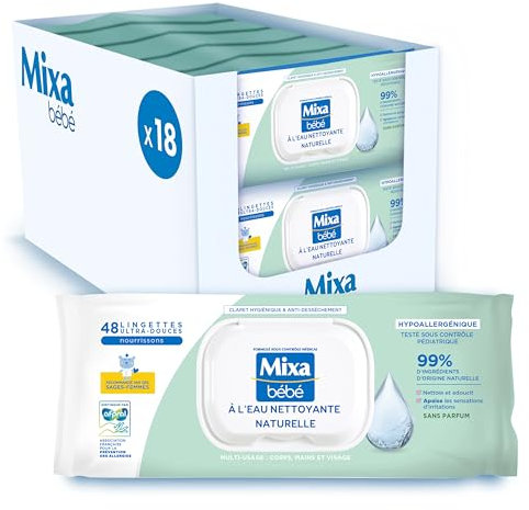 Mixa Lingettes Bébé Nettoyantes A L'Eau Naturelle, Lot de 18 x 48 lingettes