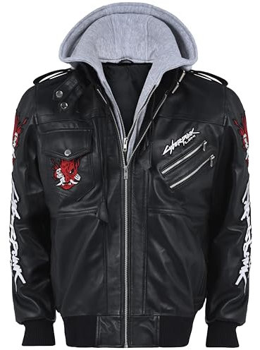 Meshnew Halloween Samurai punk 2077 Black Hooded Gaming 100% real leather Jacket/Biker leather jacket for men (UK, Alpha, XS, Regular, Regular, Black)