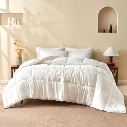 BPC 100% Rayon Derived from Bamboo Silk Blend Comforter King Size, ClimaSilk™ Ultra-Soft Down-Alternative Duvet Insert for All Seasons with Corner Tabs, Medium Warmth, White, 106x90 Inches