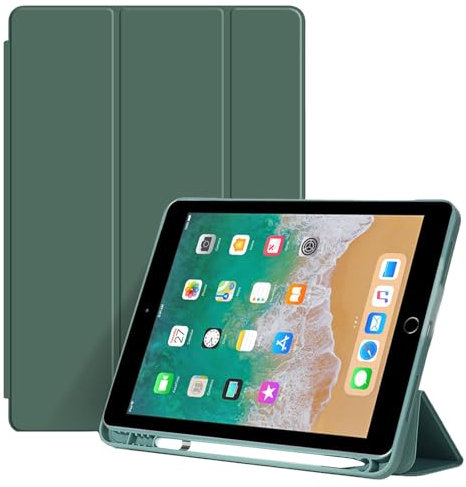 Custodia per iPad 9,7 Pollici (6a/5a Generazione, 2018/2017) con Portapenne, Cover Tablet Antiurto Sottile con Retro in Morbido TPU con Auto Svegliati/Sonno, Verde Notte