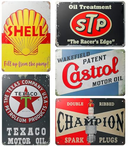 Juego de 5 carteles de metal para garaje, estilo retro, 20 x 30 cm, cartel de metal, para taller, gasolina, aceite de motor, placa de metal, decoración para taller