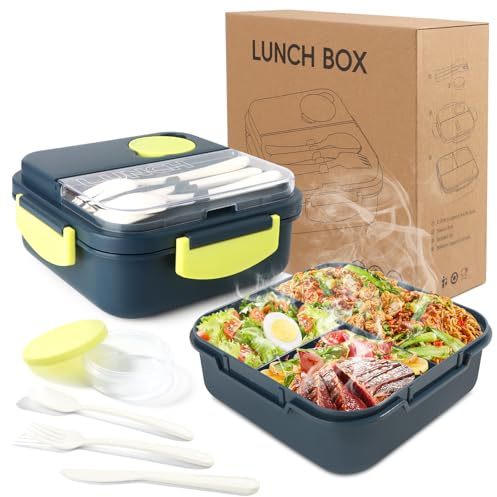 Yirochan Single Layer Bento Box with 3 Compartments, 1400ml Lunch Box with Cutlery Set, Portable Dinner Snack Boxes Food Containers for School Work Men Women Students Microwave Dishwasher Safe (Blue)