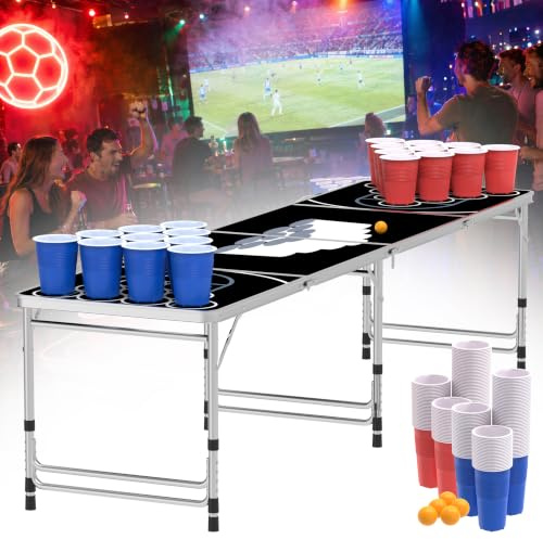 Suusolny Bierpong Tisch Set mit Becher & Bälle - Höhenverstellbar, Klappbar mit Tragegriffen - Bierpong Becher Set - Trinkspiel Partyspiele für Erwachsene