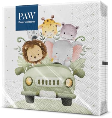 PAW Servietten 33 x 33 cm, 20 Stück - Safari-Spaß | Dreilagig, saugstark und reißfest, fröhliche Deko für den Kindergeburtstag, macht jede Kinderparty bunter