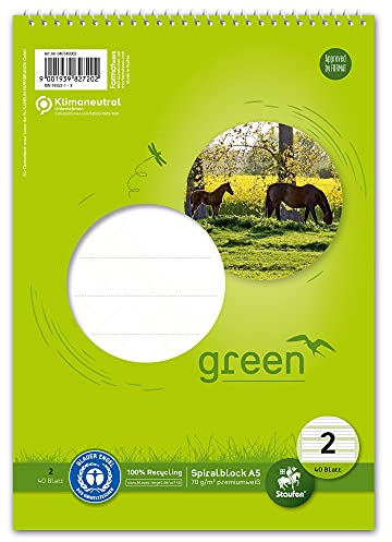 Staufen Green Spiralblock - DIN A5, Lineatur 2 (4/4/4mm liniert, farbig hinterlegte Lineatur), 40 Blatt, premiumweißes 70g/m² Recyclingpapier, 1 Stück