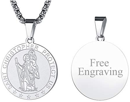 FaithHeart Collier Pendentif Personnalisable Prénom Gravé-Médaille Saint Christophe en Acier Inoxydable-Médaillon Saints Patrons Chrétienne avec Chaîne 55+5 cm Bijoux Porte Bonheur Hommes Femmes