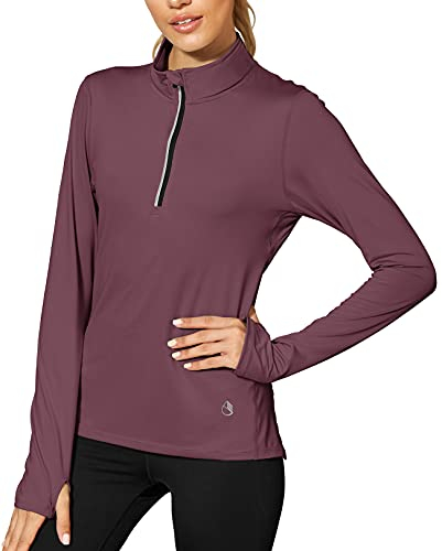 icyzone Damen Sport Langarm Shirts 1/4 Reißverschluss Laufshirt Langarmshirt mit Daumenloch Fitness Oberteile (L, Mauve Orchid)