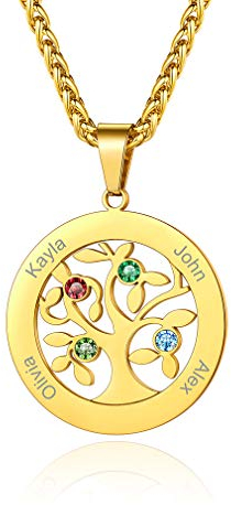 Custom4U Collier Personnalisé 4 Prénoms,Pendentif Arbre de Vie Plaqué Or en Acier Inoxydable Gravé Pierres de Naissance,Bijoux de Famille,Chaine 55+5 cm,Cadeau Anniversaire Femme Maman,Grand Mère