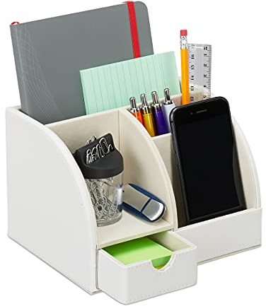 relaxdays Portaoggetti da Scrivania, Similpelle, Organizer Ufficio & Studio, 4 Scomparti, Portapenne,13x19x15 cm, Bianco, 13 x 19 x 15 cm