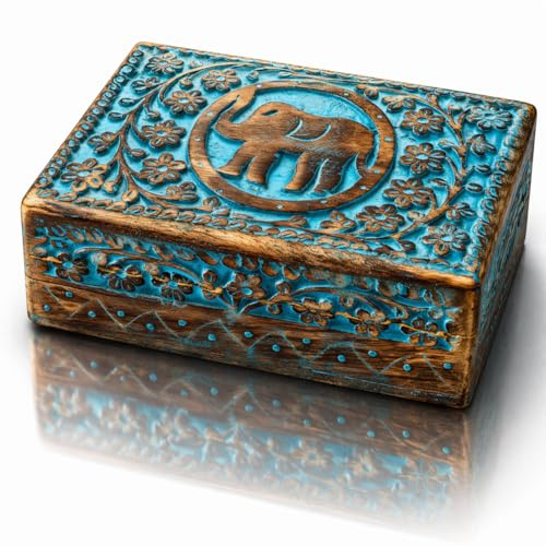Handmade Wooden Jewelry & Keepsake Box, Decorative Storage Box, 8 x 5 Inch | Blue wash finish, strong hinges, stores trinkets, photos, ticket stubs, watches, keys, coins, home décor accent & gift idea