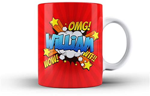 iCaseDesigner Personalised Comic Caption Ceramic Mug with Name or Message - 7. Red with Blue Text