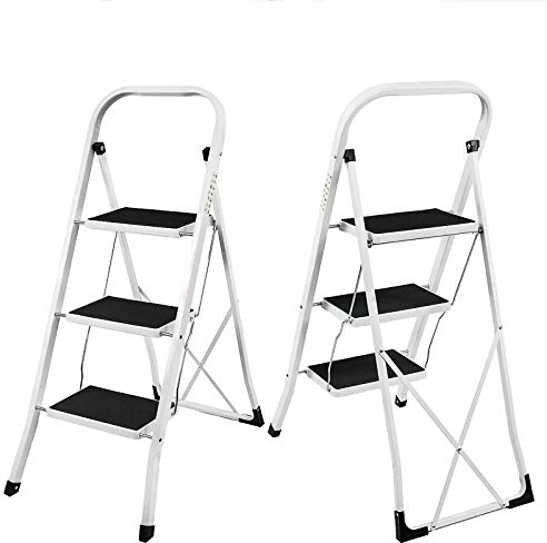 Escabeau Pliable en Acier 3 Marches Portable et Léger Charge Max 150KG Pour Ménage, Bureau, Peinture et Décoratif